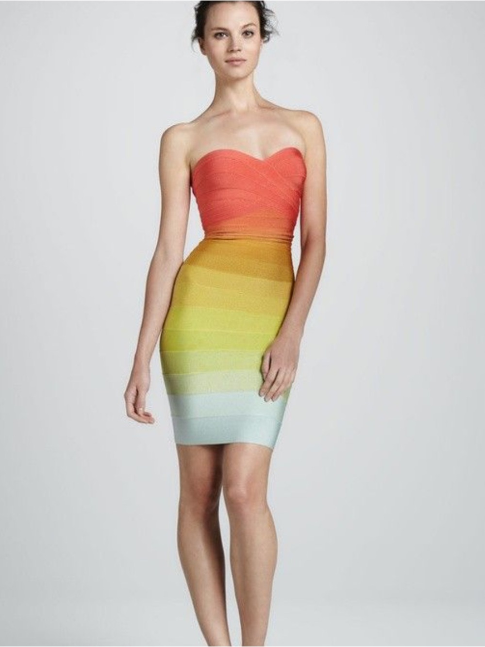 Herve Levar strapless, rainbow ombre bandit dress